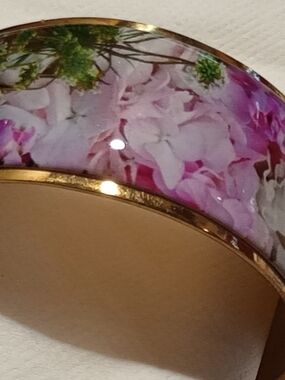 Rustic Cuff Pink Floral Enamel Cuff Bracelet with Gold Trim